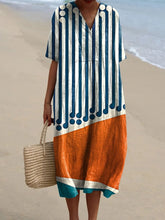 Women's Striped Color-blocking Watercolor Splash Fluid Art Print Flowy Dress